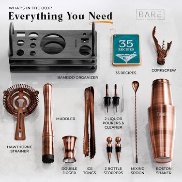 Bare Barrel Cocktail Shaker Set - 14 Piece Bar Set with Boston Shaker, Martini Accessories & Recipe Cards - Home Bartender Kit