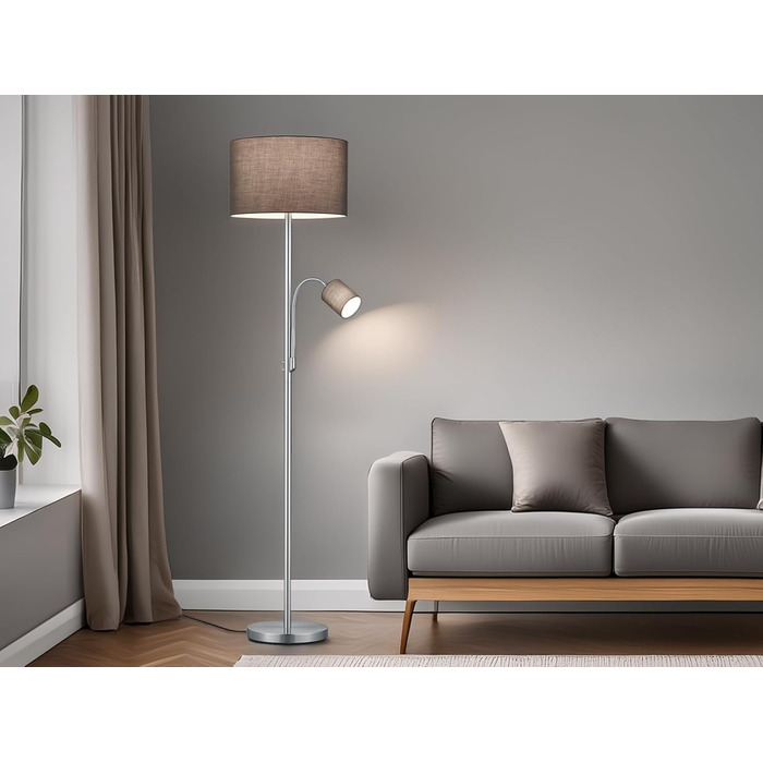 Стельова лампа Trio Leuchten Hotel 403900211, металевий нікель матовий, сірий тканинний абажур, комплектація: 1x E27 + 1x E14, 60 Вт