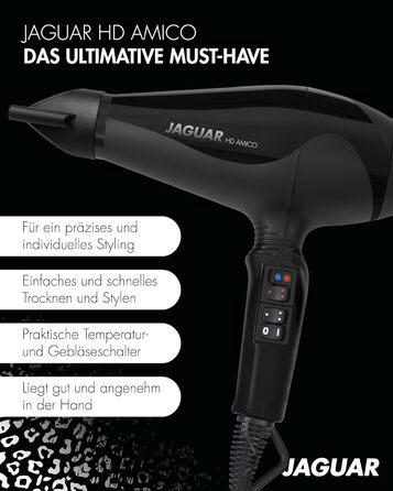 Фен JAGUAR Föhn HD AMICO: потужний професійний фен з миттєвою кнопкою охолодження та індивідуальними налаштуваннями температури та швидкості для створення унікальних зачісок
