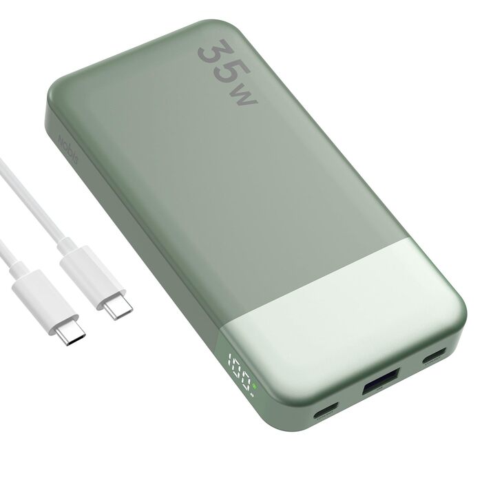 Power Bank NOBIS 35W 10000mAh з цифровим дисплеєм, 2 USB-C, 1 USB-A – зарядний пристрій для iPhone, Galaxy, планшетів (зелений)