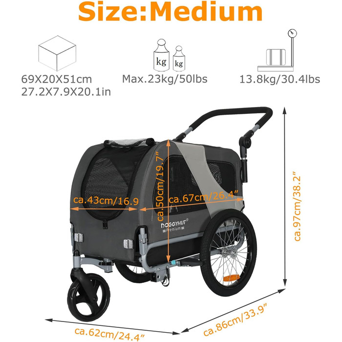 DOGGYHUT® Преміум візок для собак 2-в-1: візок-бугель для собак до 23 кг (Сірий)