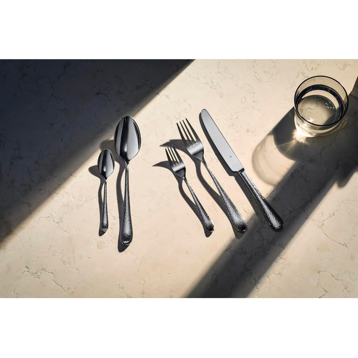 WMF Sitello Cutlery Set, 6 Persons, Cromargan, 30-Piece Dinner Cutlery Set, Monobloc Knives, Cromargan Stainless Steel Polished, Hammered, Ergonomic, Glossy, Dishwasher-Safe, Silver