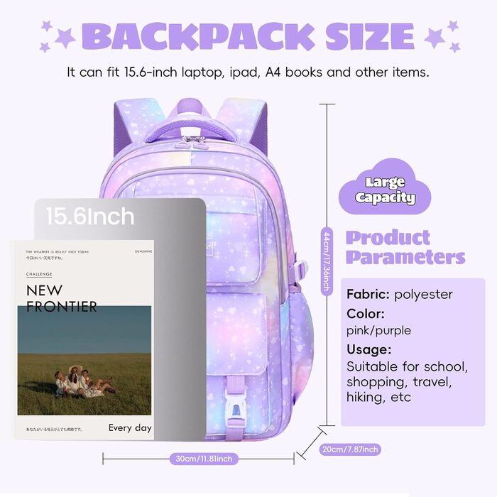 Шкільний рюкзак для дівчинки-підлітка 3 в 1, 2025, з ланч-боксом та пеналом, для ноутбука 15.6', гімназія, старша школа, подорожі - фіолетовий