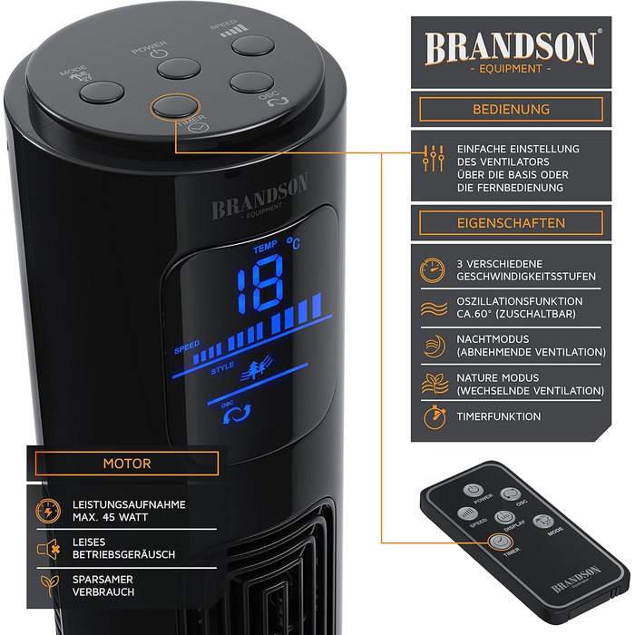 Вентилятор вежовий Brandson з пультом, осциляція 96 см, 40 Вт, 3 режими, таймер, чорний