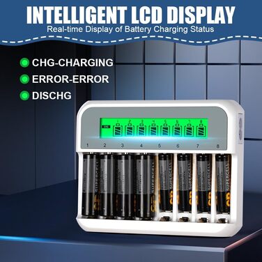 Зарядний пристрій для акумуляторів AXFEE з LCD-дисплеєм, універсальний, 2000mAh, 8-місцевий, швидка зарядка NI-MH/NI-CD AA AAA