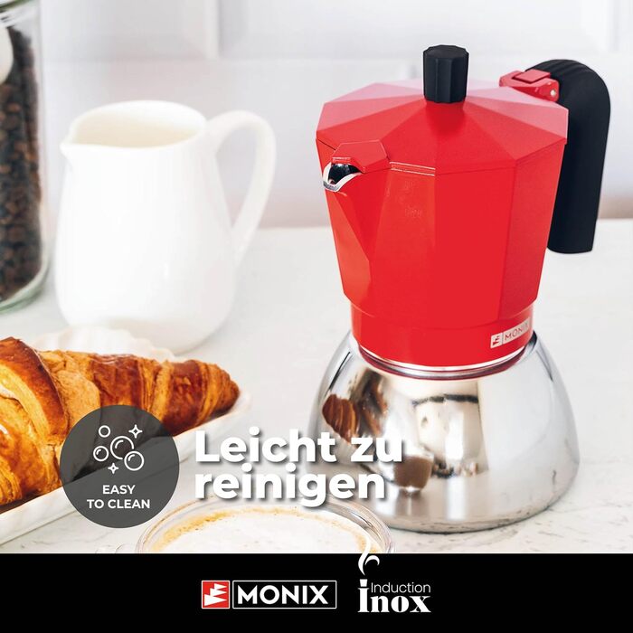 Кавоварка Monix Induction Inox для індукції, алюміній та нержавіюча сталь, 3 чашки, термостійка ручка, підходить для всіх плит, червона