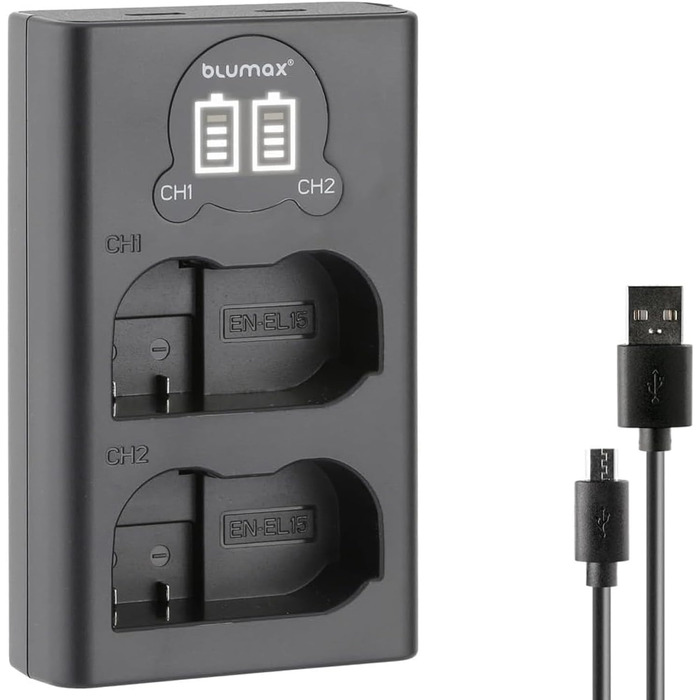 Зарядний пристрій Blumax LCD Dual для акумуляторів Nikon EN-EL15c/b/a – сумісний з Nikon D500, D850, Z7 II, Z6 III, Z5, Zf