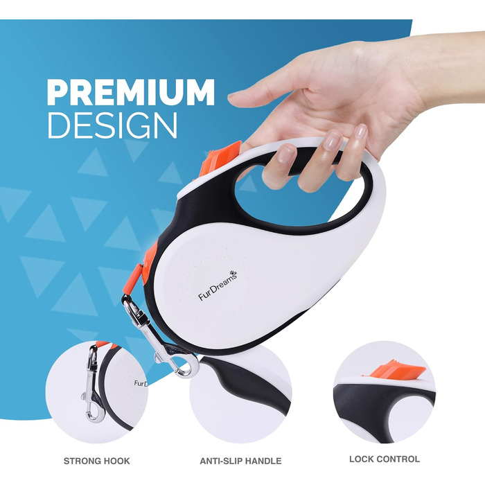 Рулетка для собак FurDreams – міцна висувна повідка 5 м | Зі зручним неслизьким руків'ям та блокуванням | Міцний нейлоновий шнур, що не заплутується | Карабін для нашийника (великий) | Оранжевий, великий