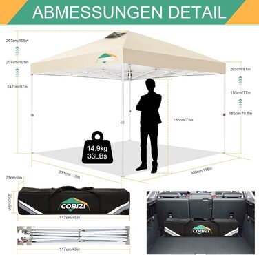 COBIZI Folding Gazebo 3x3, 3x3 Gazebo Waterproof Stable One Push UV Protection Outdoor Party Tent Corrugated Eaves Event Tent Tent Garden Gazebo Pavilion Folding 3x3m With Carry Bag, (Khaki, 3x3 Regular)