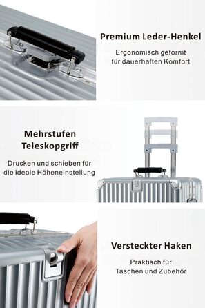 Чемодан ручної поклажі Yuweijie: міцний алюмінієвий каркас, 4 колеса, TSA-замок, срібний з коричневою шкіряною ручкою, S-58см