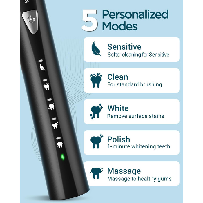 Електрична зубна щітка Coulax для дорослих та дітей, 8 насадок, 5 режимів, таймер 2 хв, чорний