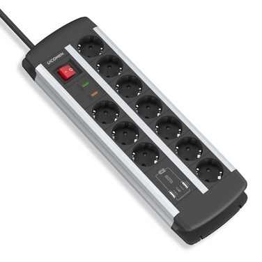 Мережевий фільтр на 10 розеток з USB-C PD 20W, захистом від перенапруги, вимикачем та можливістю настінного монтажу, кабель 1.5м, 16А, сертифікація TÜV/GS