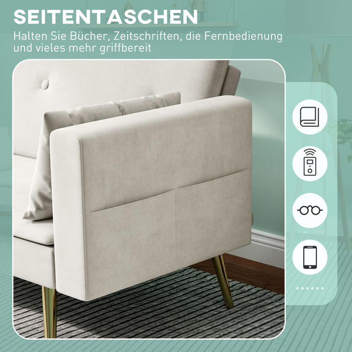 HOMCOM Sleeper Sofa, Convertible Sofa with Adjustable Backrest, Side Pocket, Upholstered 2-Seater Sofa Bed with Sleeping Function, Cushions, for Living Room, Bedroom, Beige | Aosom