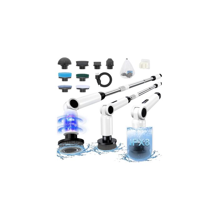 Електрична щітка для прибирання Homtronics, складна, з регульованою ручкою та 8 насадками для ванної, кухні, авто (біла)