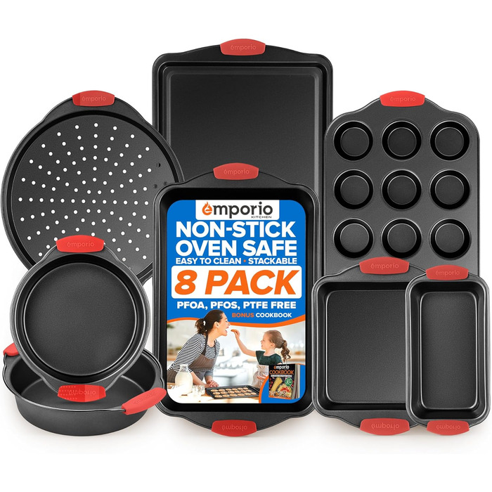 Набір форм для випічки Emporio Kitchen – антипригарне покриття, набір форм для випічки з вуглецевої сталі з силіконовими ручками, без PFOA, PFOS, PTFE, рецептурник в комплекті, деко для випічки (чорний, набір з 8 штук)