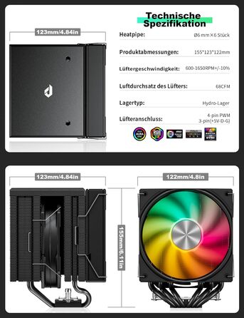 upHere Система охолодження CPU з RGB підсвічуванням, Dual Tower, 6 теплових трубок, 120мм вентилятор, сумісна з AMD AM4/AM5 та Intel 2011/2066
