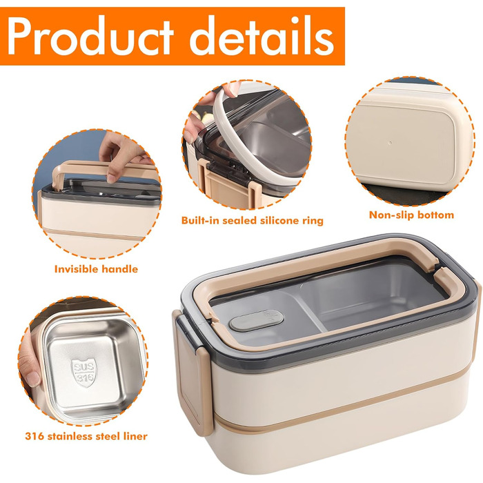 Бенто-бокс ланчбокс 2 ящики з відділеннями: Преміум ланчбокс для дорослих з нержавіючої сталі, без BPA, з посудом, ідеальний для подорожей, підходить для мікрохвильової печі, бенто-бокс для дорослих, Meal Prep