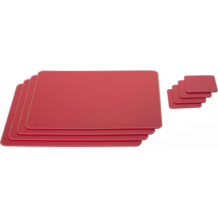 Placemats and Coasters (Set of 4) made from recycled leather, placemats, 4 placemats and 4 coasters, table mats and coasters 10 x 10 cm (Christmas Red, 40 x 30)