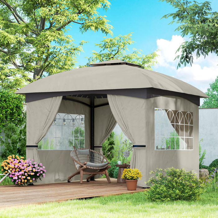 Outsunny Gazebo approx. 3.4x3.4 m water-resistant garden gazebo with 4 side panels, double roof, party tent with UV protection garden tent with galvanized metal frame, for garden light grey | Aosom