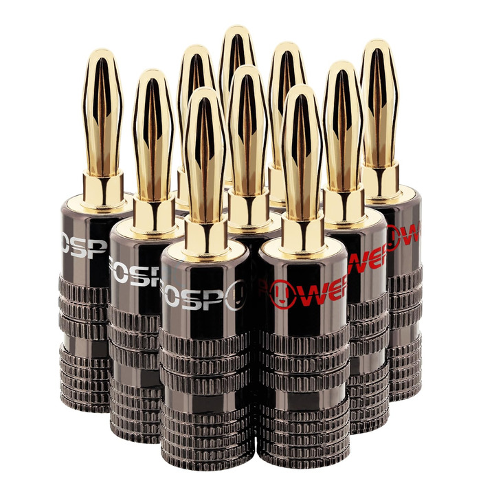 Позолочені бананові роз'єми FosPower для акустичних кабелів, сабвуфера та стінових панелей, 24K Gold, High-End (10 шт / 5 пар: 5 червоних, 5 білих)