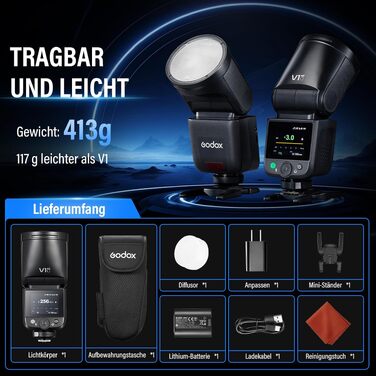 Спалах Godox V1 Mid-F для Fujifilm: кругла голова, TTL, HSS 1/8000s, 55Ws, з кольоровим сенсорним дисплеєм та USB-C акумулятором, сумісний з XT-5, X-E1, XT-3