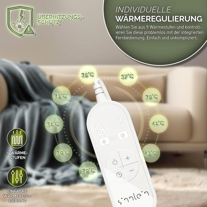 Електрична гріюча ковдра Sinnlein® з плюшу 200 x 180 см | 9 температурних режимів, таймер, автовимкнення, миється до 40°C, світло-сіра | Ковдра для сну та відпочинку