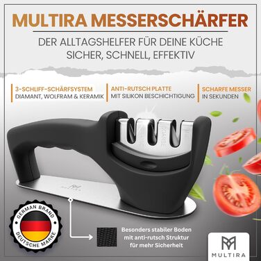 Точилка для ножів 3-ступенева, для сталевих та керамічних лез, з нековзною підкладкою, знімний точильний елемент, для дому та професійного використання, ергономічна ручка