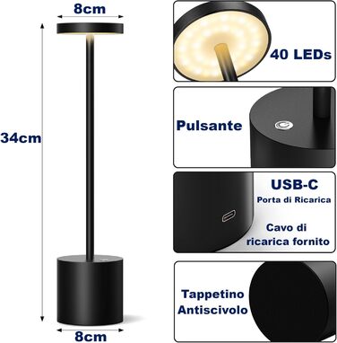 Бездротова LED лампа SLSMD на акумуляторі 5000mAh, регульована яскравість, металевий корпус, USB зарядка, для дому та вулиці, 34 см (Чорний)