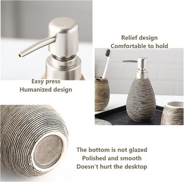 Набір аксесуарів для ванної кімнати Tauzveok з кераміки, 6 предметів: дозатор мила, тримач для зубних щіток, мильниця, стаканчик та підставка. Колір: коричневий.