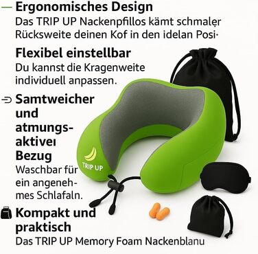 Подушка для шиї Trip Up з Memory Foam - для подорожей (літак, авто) - ергономічна, м'яка, дихаюча, регульована, чорна (Cedar Green)