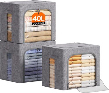 Коробки для зберігання одягу Lifewit 40L, 3 шт., сірий, з кришкою, металевий каркас, з ручками та вікном