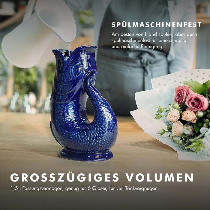 Water Carafe Ceramic Pitcher in Fish Shape - 1.5 L, Dark Blue - Fish Carafe with Gurgling Sound for Fun Pouring of Water, Wine & More - Bubble Jug Carafe Fish - Fish Pitcher