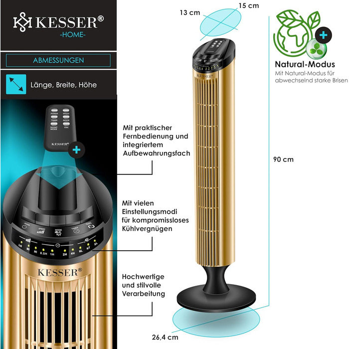 Турбо-вентилятор KESSER® з пультом керування, 90° осциляція, 3 швидкості, 90 см, таймер, золотий | Колонний вентилятор