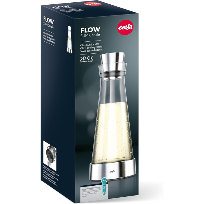 Emsa 514233 Flow Slim Glass Carafe, with Cooling Element, Glass, Elegant Design, 1 Liter, Transparent, 11 x 11 x 38.2 cm