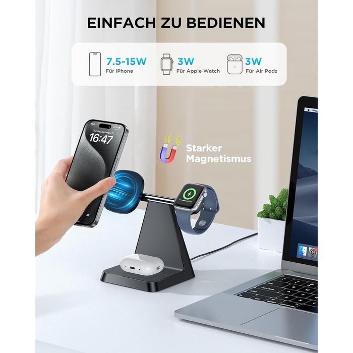 Бездротовий зарядний пристрій MagSafe 3-в-1 для iPhone: зарядка для Apple Watch та AirPods, сумісний з iPhone 16/15/14/13/12 (Білий/Чорний)