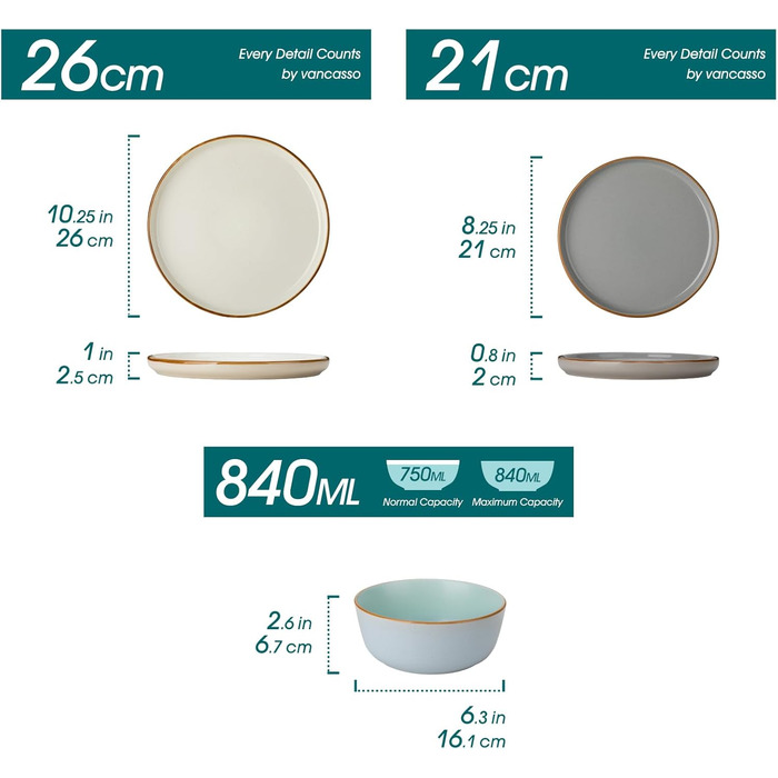 Набір посуду vancasso RENO 36 предметів: тарілки, супові тарілки, десертні тарілки, миски. Набір посуду з кераміки для 6 осіб, сучасний дизайн, безпечний для миття в посудомийній машині та розігріву в мікрохвильовій печі.