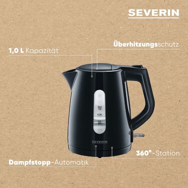 Електричний чайник Severin WK 3410, 2200 Вт, 1 л, з фільтром від накипу, пластиковий, чорний