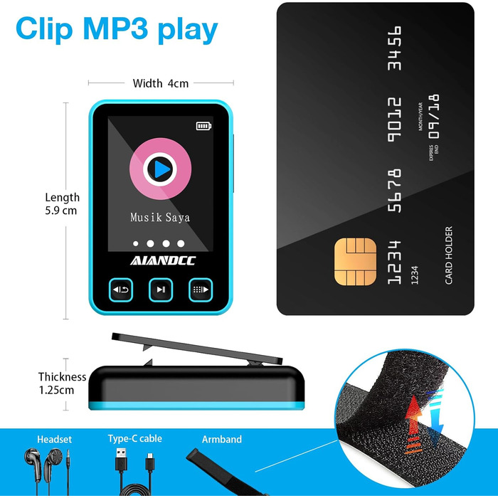 MP3 плеєр Bluetooth 5.3 зі спортивним кліпом та браслетом, 1.77