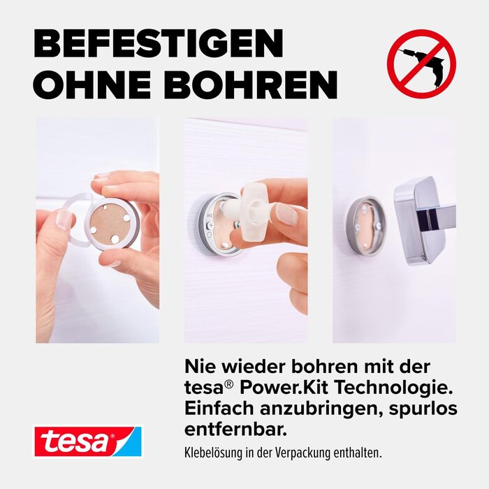 tesa ELEGAANT Soap Dish with Wall Holder, Satin Glass and Chrome-Plated Stainless Steel - for wall mounting without drilling, incl. adhesive solution - 79mm x 124mm x 119mm