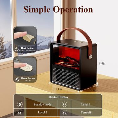 Електричний обігрівач Minthouz 1200W/800W з ефектом полум'я, термостатом та захистом від перегріву для дому та офісу