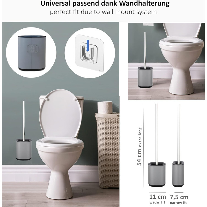 Набір для туалету 3-в-1 з силіконовою щіткою, тримачем та кріпленням на стіну, довга ручка з нержавіючої сталі, гігієнічний з ламелями та скребком, для ванної кімнати та гостьового туалету (Антрацитовий сірий)