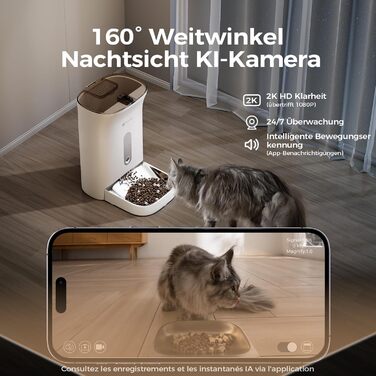 Автоматичний годівниця Amicura F1 Pro з 2K камерою та Wi-Fi, 4.5L, нічне бачення, захист від застрягання, 3-х рівневий захист свіжості, керування через додаток для котів, колір хакі