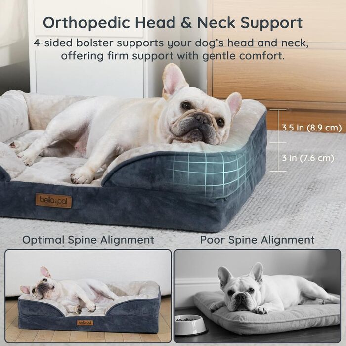 Ортопедичне ліжко для собак BELLA & PAL, 71x59 см - комфортне собаче ліжко з ефектом пам'яті, водовідштовхувальна підкладка, знімний фланелевий чохол, протиковзке дно, сіре