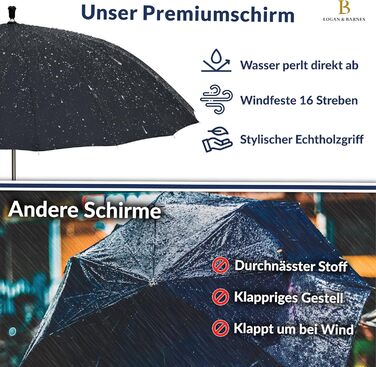 Edinburgh Windproof Umbrella - Large 16-Rib Black Umbrella with Wooden Handle & Silent Tip - LOGAN & BARNES