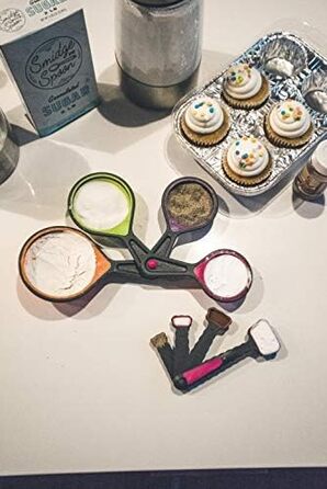 Collapsible measuring cups and nesting spoons, adjustable silicone for cooking, used for liquid and dry kitchen items, portable portion control, dog food, children, travel, campers, space-saving.