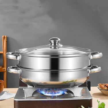 Пароварка ZENFUN 2.1L з вставкою, набір з 2 рівнів, нержавіюча сталь, кришка з термостійкого скла, для приготування їжі, подвійні ручки, 28 см