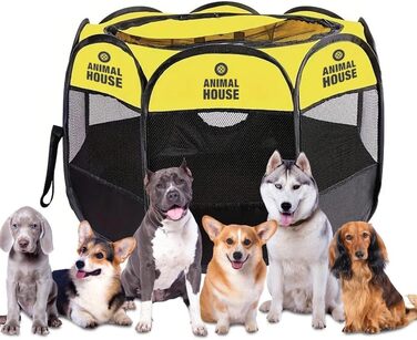 Складний водовідштовхуючий забірчик для цуценят, собак, котів та кроликів Animal House: портативний, для дому, 74x74x43 см (жовтий)