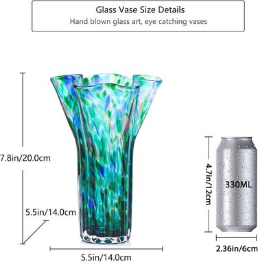 Ваза 22,9 см блакитно-зелена, виготовлена з ручного видутого скла, сучасний дизайн, широке горлечко, ідеальна для квітів та декору, для вітальні, кухні, весілля, офісу