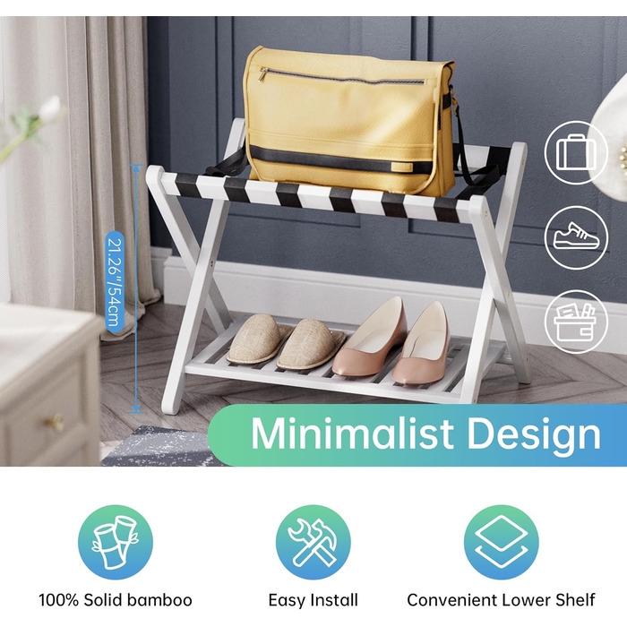 SMIBUY Luggage Rack, Folding Bamboo Suitcase Stand with Storage Shelves for Guest Room, Bedroom, Hotel, Heavy Duty (White)