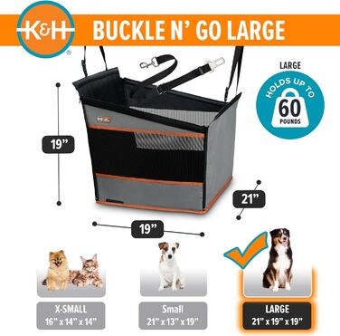 Автомобільний лежак для собак K&H Pet Products Buckle N' Go, великий (21x19x19 дюймів), сірий, водонепроникний, з регульованим ременем безпеки